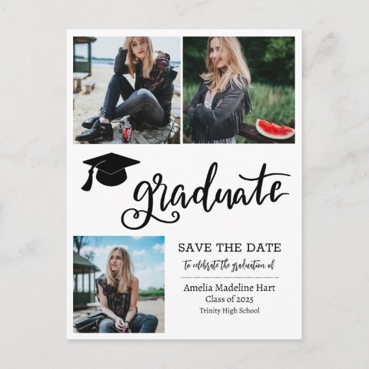 Einfaches Graduiertenskript Save the Date FotoColl Ankündigungspostkarte (Vorderseite)