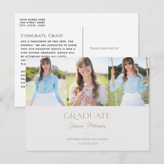 Einfaches Grau & Gold Multi-Foto-Abschluss Postkarte (Vorne/Hinten)