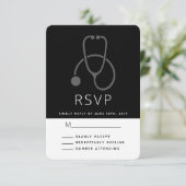 Einfaches graues Stethoskop auf Schwarz RSVP Karte (Stehend Vorderseite)