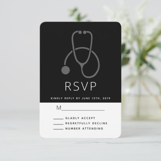 Einfaches graues Stethoskop auf Schwarz RSVP Karte (Stehend Vorderseite)