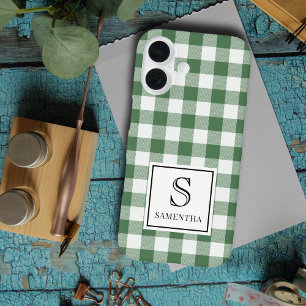 Einfaches grün-weiß kariertes Schwarz-Monogramm un iPhone 16 Hülle