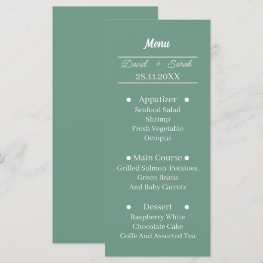 Einfaches grünes Personalisiertes Hochzeitsessen Menükarte (Vorne/Hinten)