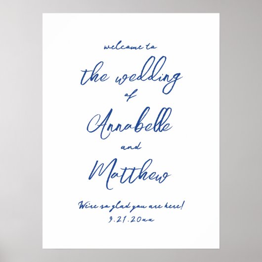 Einfaches handgeschriebenes Blue Wedding Willkomme Poster (Vorne)