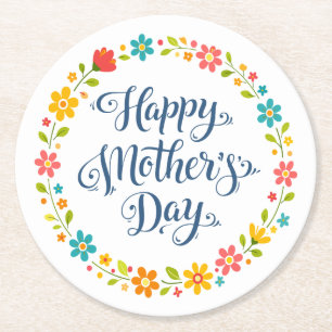 Einfaches Happy Mother's Day Florale Kalligrafie   Runder Pappuntersetzer