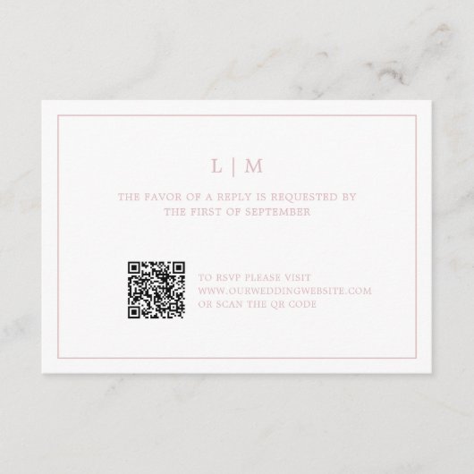 Einfaches hellrosa Monogram QR Code Elegante Hochz RSVP Karte (Vorderseite)