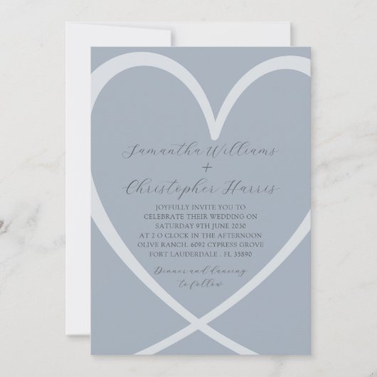 Einfaches Herz Dusty Blue Hochzeit Einladung (Vorderseite)