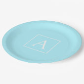 Einfaches Himmelblau-Monogramm Pappteller (Schrägansicht)