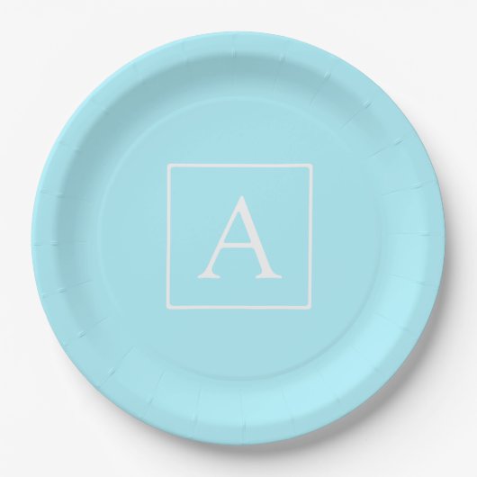 Einfaches Himmelblau-Monogramm Pappteller (Vorderseite)
