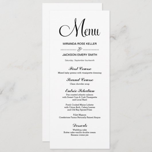 Einfaches Hochzeitmenü / elegantes Hochzeitmenü Menükarte (Vorne/Hinten)