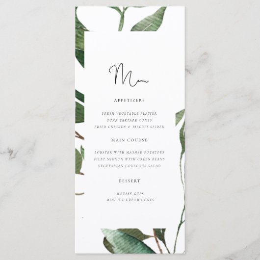 Einfaches Hochzeitmenü für Foliage Monogram Menükarte (Vorderseite)