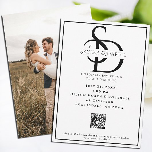 Einfaches Hochzeitmongramm Klassischer Minimal QR  Einladung