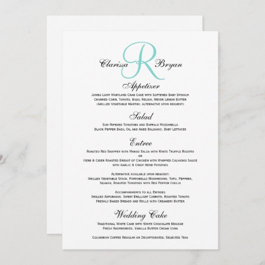 Einfaches Hochzeits-Menü mit blauer Menükarte (Vorne/Hinten)