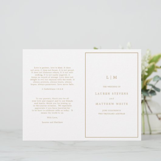 Einfaches Hochzeitsprogramm für antikes Gold Monog (Stehend Vorderseite)