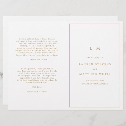 Einfaches Hochzeitsprogramm für antikes Gold Monog (Vorne/Hinten)