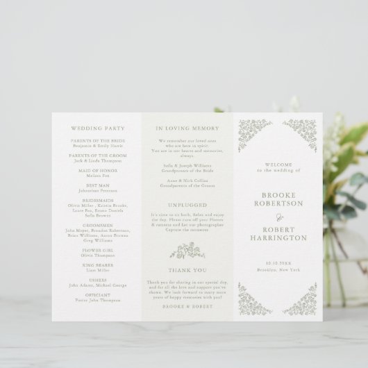 Einfaches Hochzeitsprogramm für Blumenblätter Gree (Stehend Vorderseite)