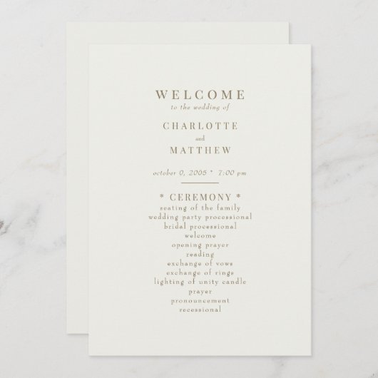 Einfaches Hochzeitsprogramm für Cream Gold Einladung (Vorne/Hinten)