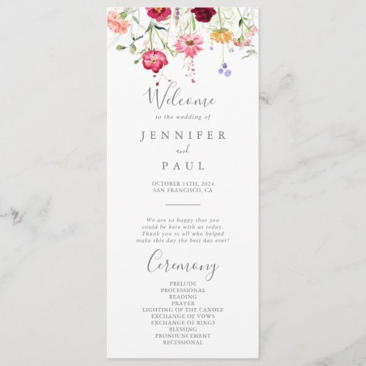 Einfaches Hochzeitsprogramm für mehrfarbige Wildbl Programm (Vorderseite)