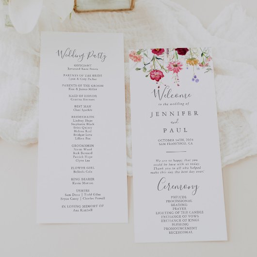 Einfaches Hochzeitsprogramm für mehrfarbige Wildbl Programm