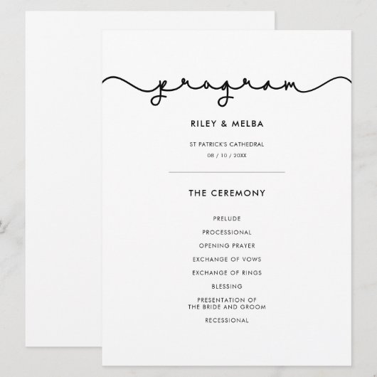 Einfaches Hochzeitsprogramm für niedliche Schrifta Programm (Vorne/Hinten)