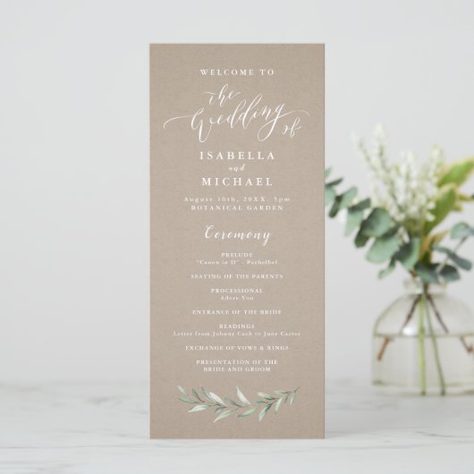 Einfaches Hochzeitsprogramm für rustikale Vegetati Programm (Stehend Vorderseite)