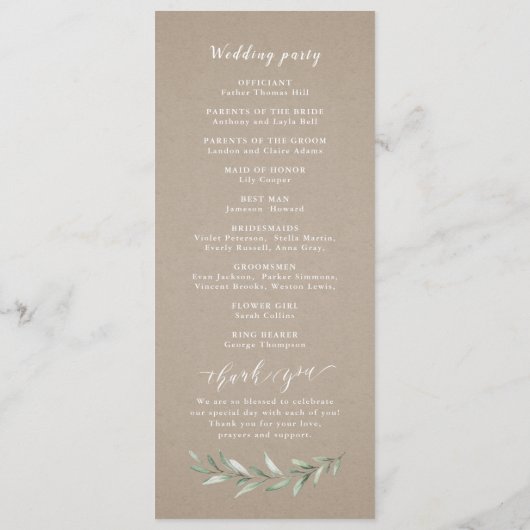 Einfaches Hochzeitsprogramm für rustikale Vegetati Programm (Rückseite)