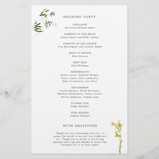 Einfaches Hochzeitsprogramm für rustikale Wildblum (Rückseite)