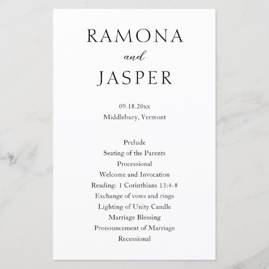 Einfaches Hochzeitsprogramm für Schwarz und Weiß (Vorderseite)