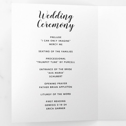 Einfaches Hochzeitsprogramm für Schwarz-Weiß-Kalli Dreifach-gefaltete Programmkarte (Innen Erste Seite)