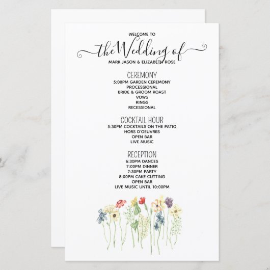Einfaches Hochzeitsprogramm für Wildblumen (Vorne/Hinten)