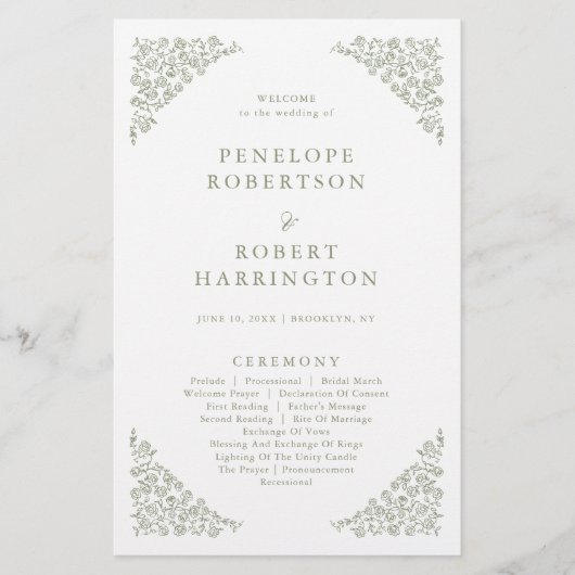 Einfaches Hochzeitsprogramm für zartes Blumengebäc (Vorderseite)