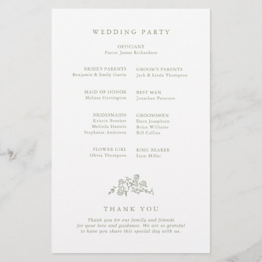 Einfaches Hochzeitsprogramm für zartes Blumengebäc (Rückseite)