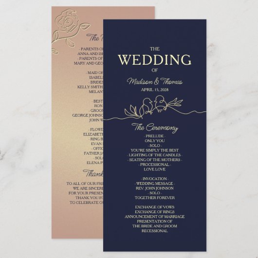 Einfaches Hochzeitsprogramm in Marineblau Programm (Vorne/Hinten)