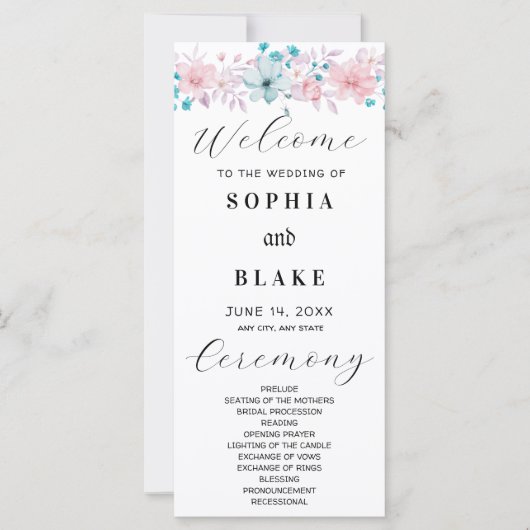 Einfaches Hochzeitsprogramm in Rosa und Blauer Flo (Vorderseite)