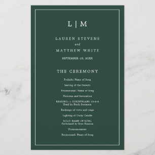 Einfaches Hochzeitsprogramm mit Waldgrün-Monogramm