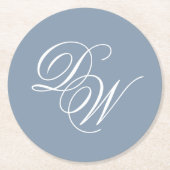 Einfaches Hochzeitsskript für Monogram Dusty Blue Runder Pappuntersetzer (Vorderseite)