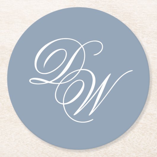 Einfaches Hochzeitsskript für Monogram Dusty Blue Runder Pappuntersetzer (Vorderseite)
