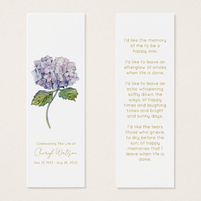 Einfaches Hydrangea-Gedenk-Lesezeichen (Vorne & Hinten)