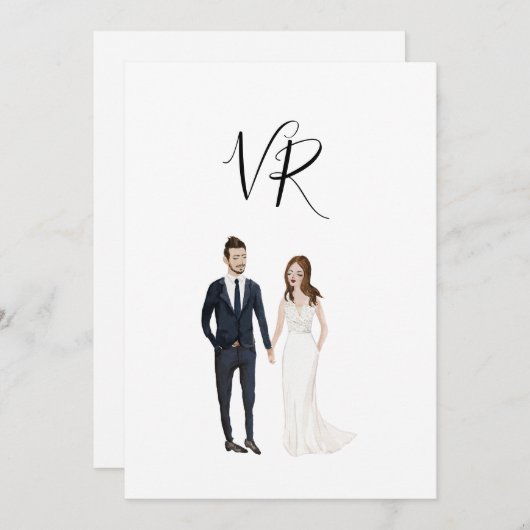 Einfaches Illustriertes Couple Navy Anzug Save The Date (Vorne/Hinten)