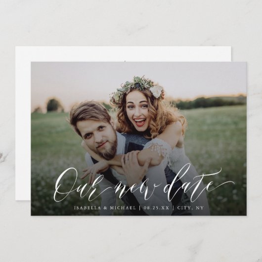 Einfaches Kalligrafie-Foto ändert das Datum Zurück Einladung (Vorne/Hinten)