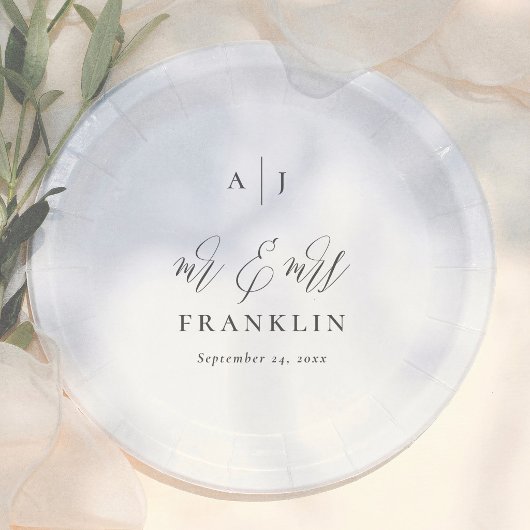 Einfaches Kalligrafie-Monogramm Mr & Mrs Hochzeit Pappteller