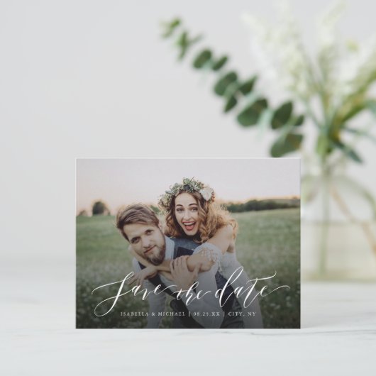 Einfaches kalligraphisches Foto Save the Date Postkarte (Stehend Vorderseite)