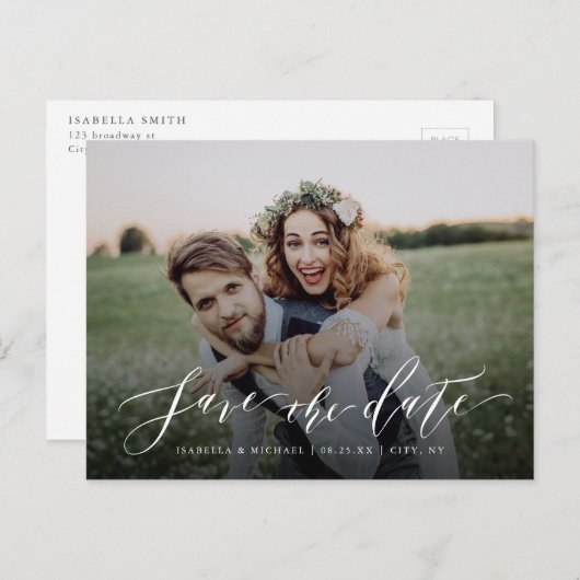 Einfaches kalligraphisches Foto Save the Date Postkarte (Vorne/Hinten)