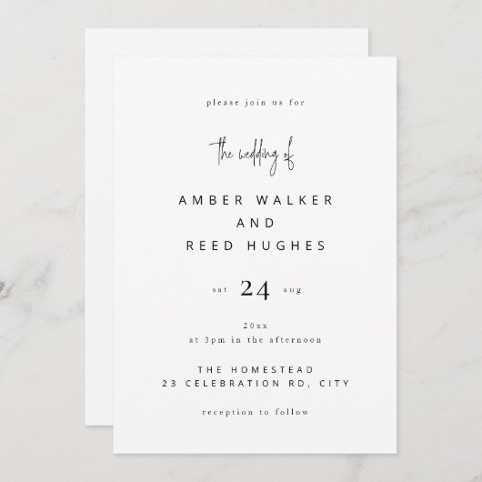 Einfaches klassisches Hochzeitsskript mit Schlicht Einladung (Vorne/Hinten)