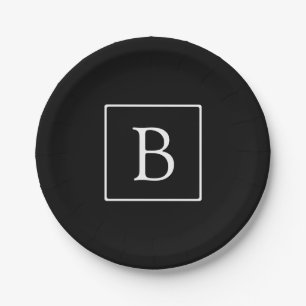 Einfaches Klassisches Monogramm Schwarz mit weiß Pappteller