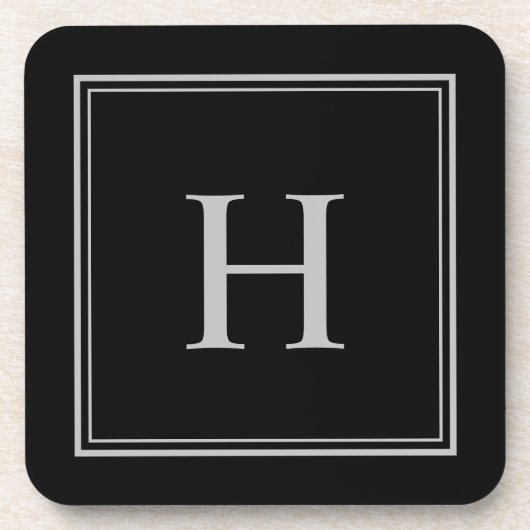 Einfaches klassisches Schwarz mit grauem Monogramm Getränkeuntersetzer (Vorderseite)