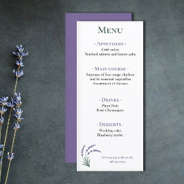 Einfaches Lavendel-Hochzeitsempfangsmenü Menükarte