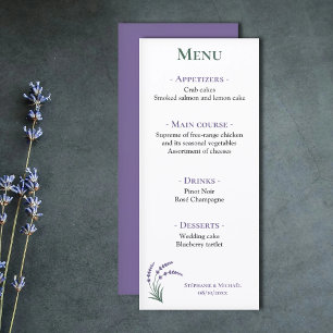 Einfaches Lavendel-Hochzeitsempfangsmenü Menükarte