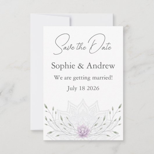 Einfaches Leaf und rosa Lotus mit Mandala Wedding Save The Date (Vorderseite)