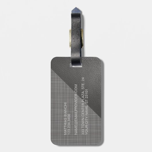Einfaches, leicht mitteldunkles, graues Leder-Look Gepäckanhänger (Rückseite vertikal)