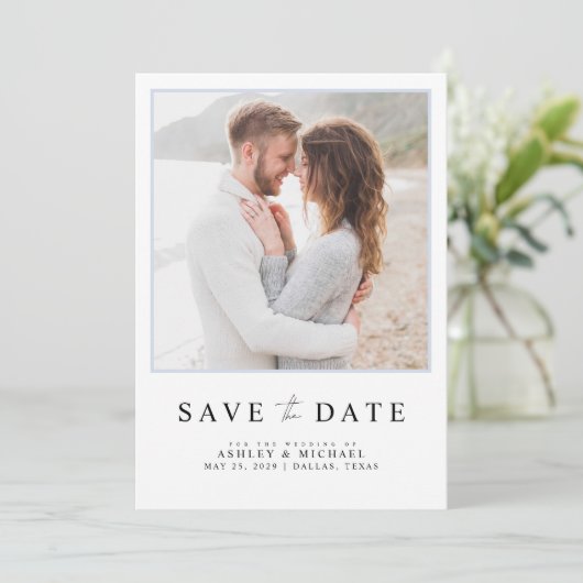 Einfaches Light Blue Modernes Script Foto Hochzeit Save The Date (Stehend Vorderseite)